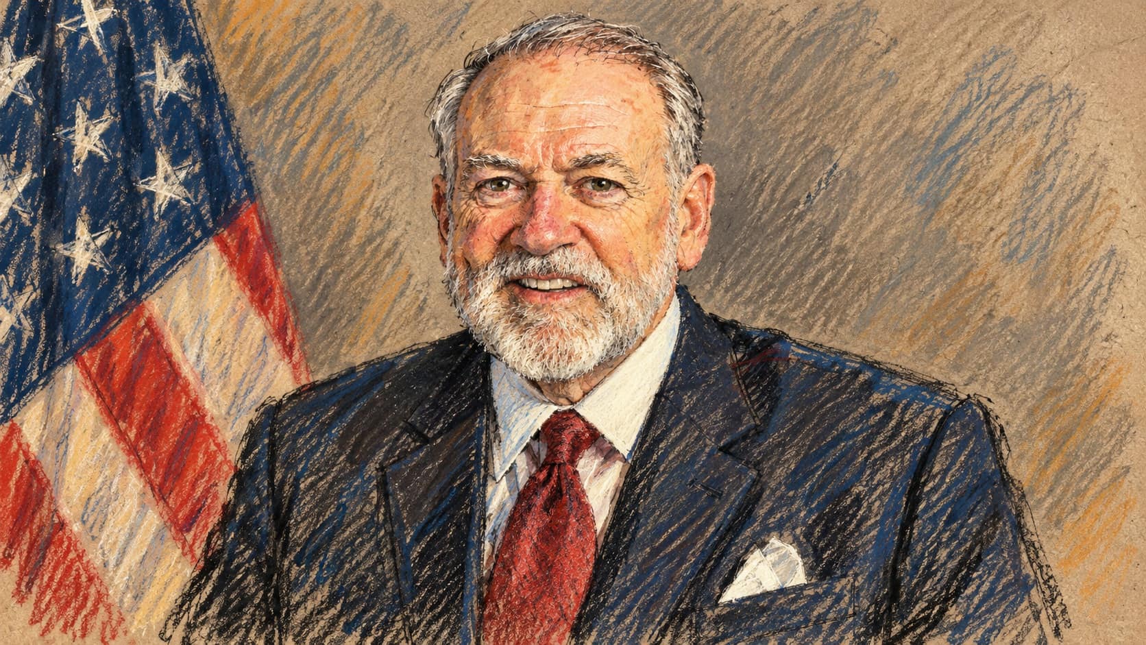 Courtroom-sketch editorial illustration of Mike Huckabee in an archival 2025 official portrait with a United States flag; contextual ambassador portrait rather than a depiction of the disputed incident.
