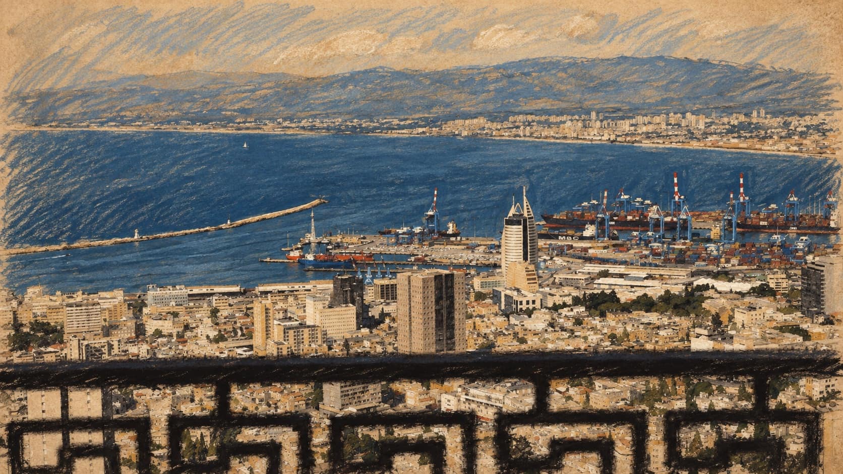 Courtroom-sketch editorial illustration of Haifa city and harbour viewed from above, based on an archival August 2015 photograph; contextual city imagery, not the ant detection in Neve Shaanan.