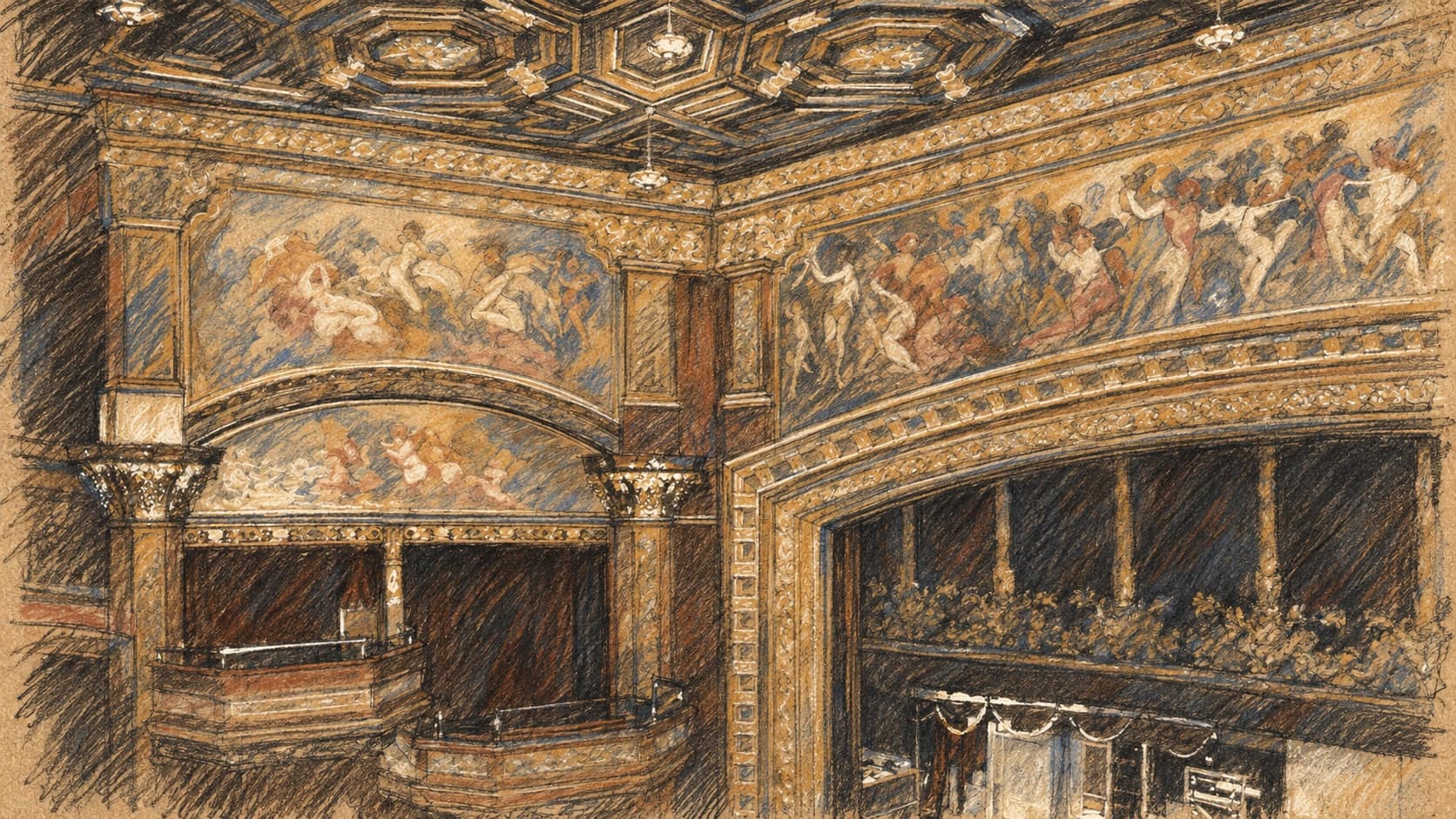 Courtroom-sketch editorial illustration of the Belasco Theatre interior in Manhattan, based on an archival 1907 photograph and used as Broadway context