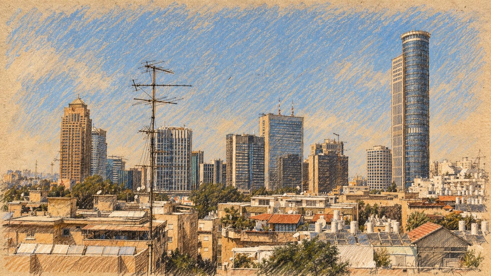 Courtroom-sketch editorial illustration of an archival 2006 view of Ramat Gan’s Diamond Exchange District office skyline; contextual Israeli commercial real estate, rather than the Menora Mivtachim share purchase or a specific Hagag project.