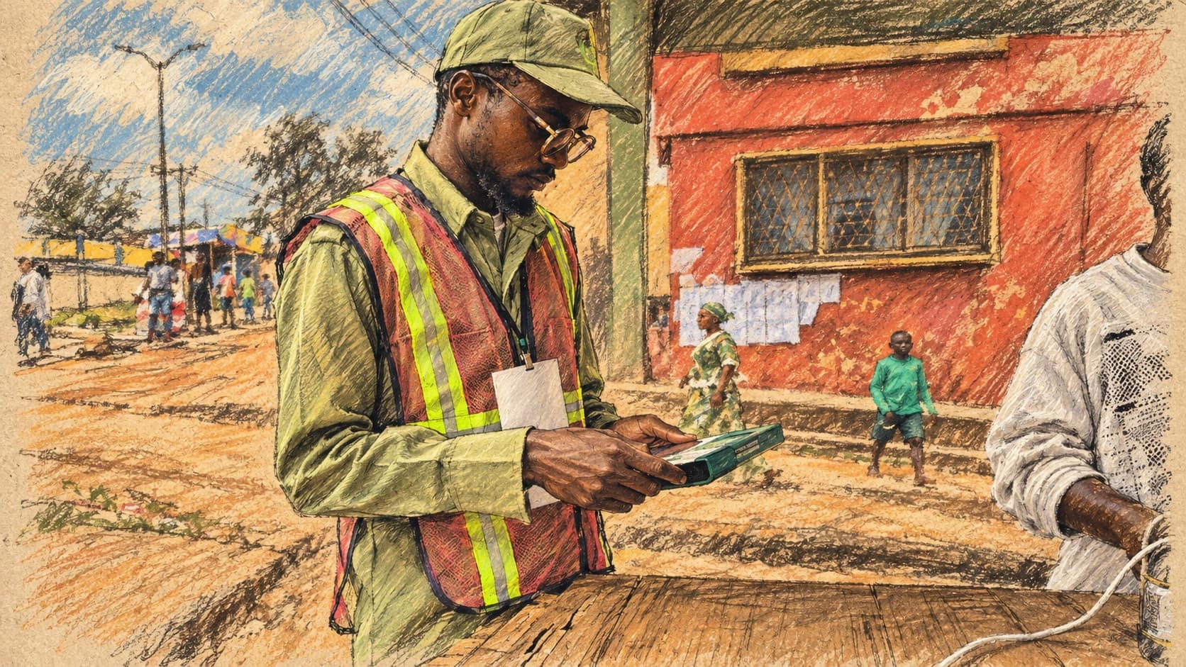 Courtroom-sketch editorial illustration of an archival August 2025 INEC assistant presiding officer checking a handheld device beside a wooden table outdoors at the Ibadan North bye-election, with another person partly visible beside a red building; electoral context, not the October 2026 candidate-list petition review, rendered in warm ochre and slate-blue pastel strokes.