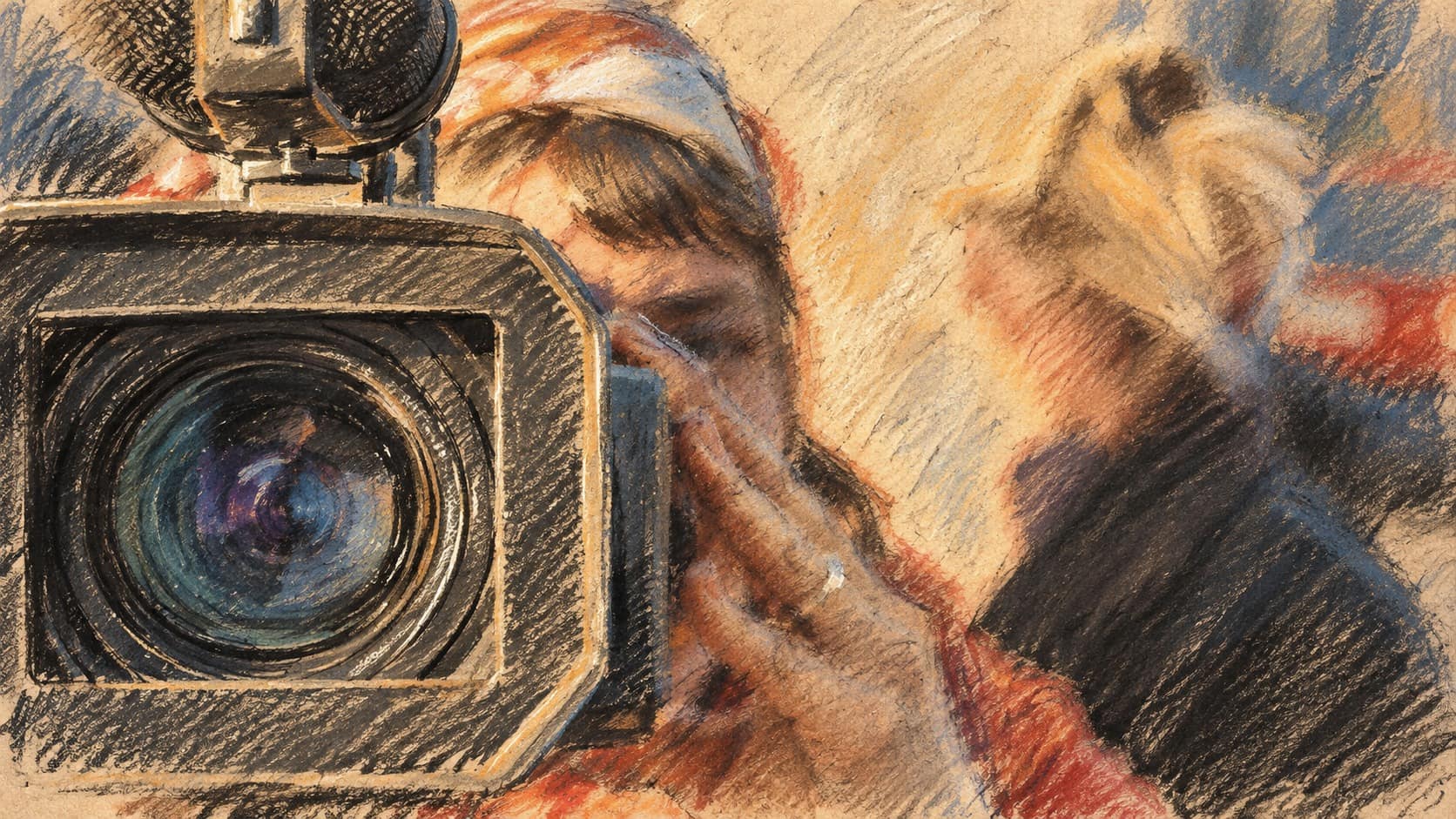 Courtroom-sketch editorial illustration of a video camera and its operator, used as contextual television-production imagery; it does not depict Or Falach or the Survivor elimination.