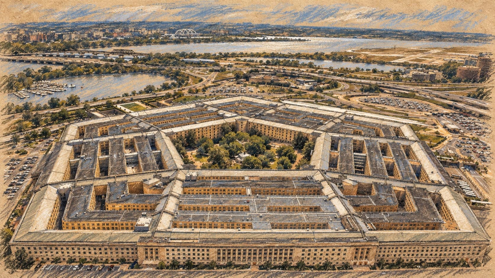 Courtroom-sketch editorial illustration of an archival May 2021 aerial view of the Pentagon, its five-sided building rings and tree-filled central courtyard, with roads and the river beyond; institutional context, not a depiction of the October 2026 watchdog decision, rendered in warm ochre and slate-blue pastel strokes.