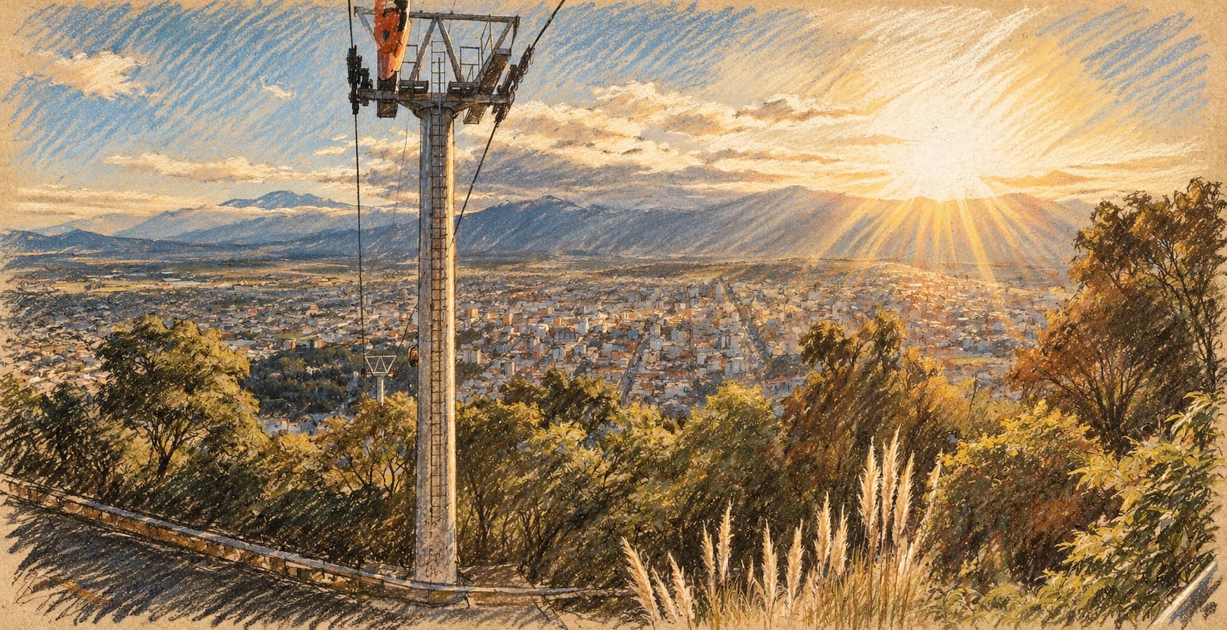 Courtroom-sketch editorial illustration of an archival May 2018 panorama of Salta from Cerro San Bernardo, with a cable-car pylon, city buildings, distant mountains and foreground trees under the low sun; host-city context rather than a depiction of the October 2026 football match, rendered in warm ochre and slate-blue pastel strokes.