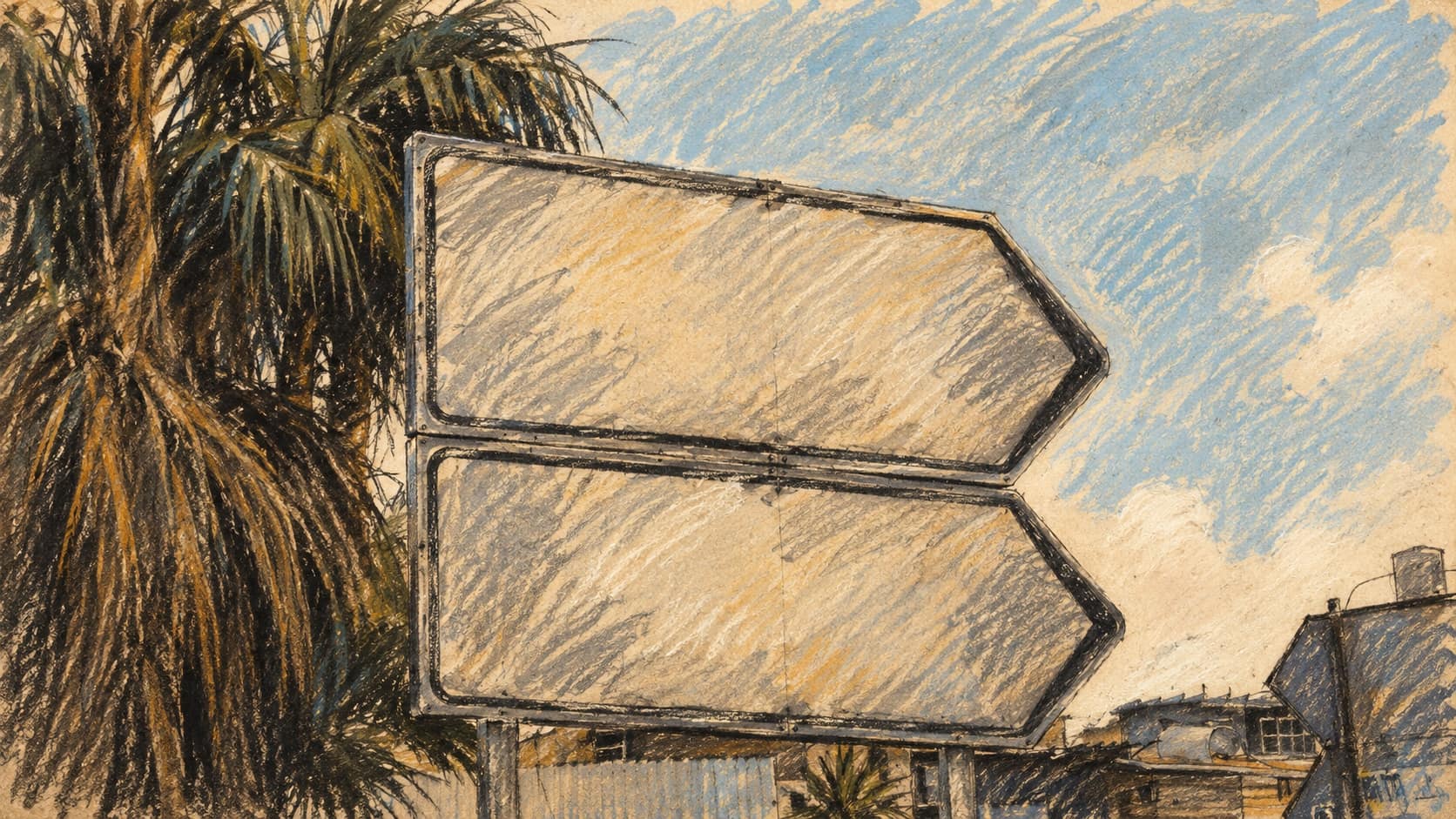 Courtroom-sketch editorial illustration of stacked direction signs for Givat Shmuel and Bnei Brak beside palm trees, based on an archival location photograph; contextual city imagery.