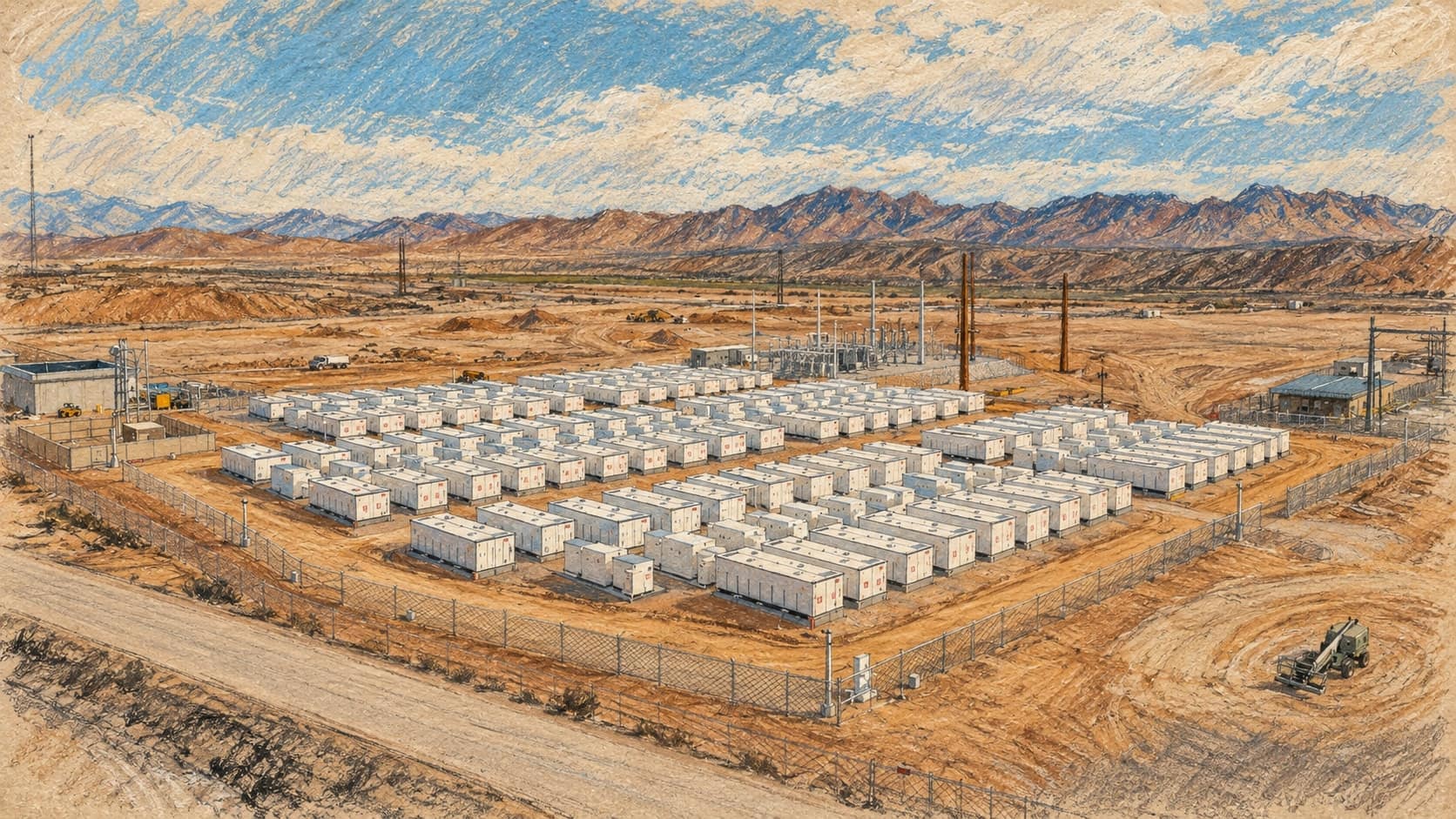 Courtroom-sketch editorial illustration of an archival March 2025 aerial view of the Reid Gardner battery energy storage project near Moapa, Nevada, showing rows of white storage cabinets in a fenced desert compound beneath low mountains; a contextual industry scene rather than a Samsung SDI facility or the earnings announcement, rendered in warm ochre and slate-blue pastel strokes.