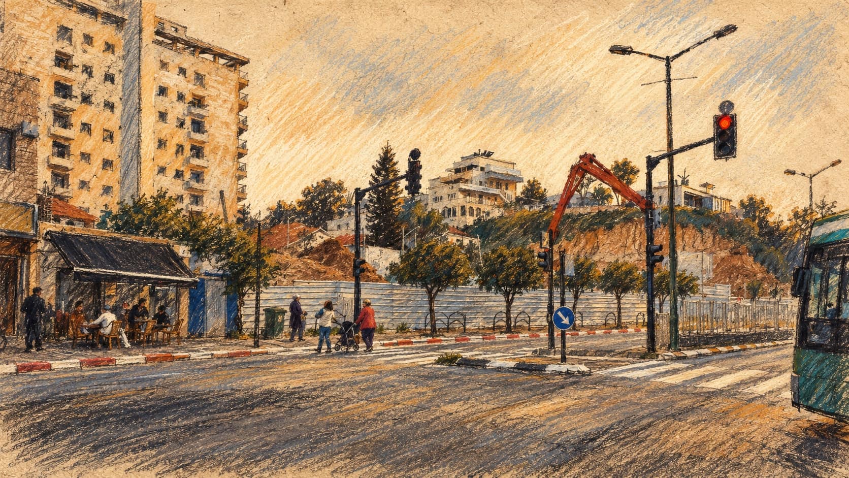 Courtroom-sketch editorial illustration of an archival Rehovot streetscape with apartment buildings, a crossing and a construction site; city context, not the lecture venue or event.