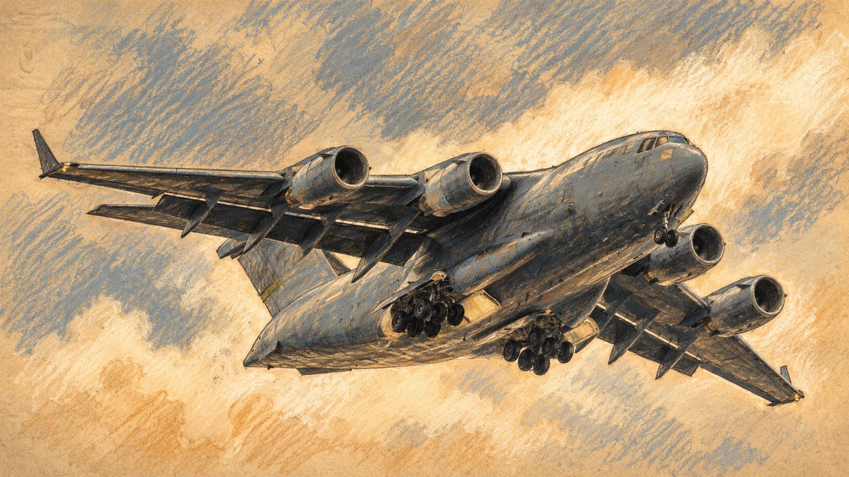 Courtroom-sketch editorial illustration of a U.S. military transport aircraft with its landing gear extended against a cloudy sky, based on an archival photograph at Kadena Air Base