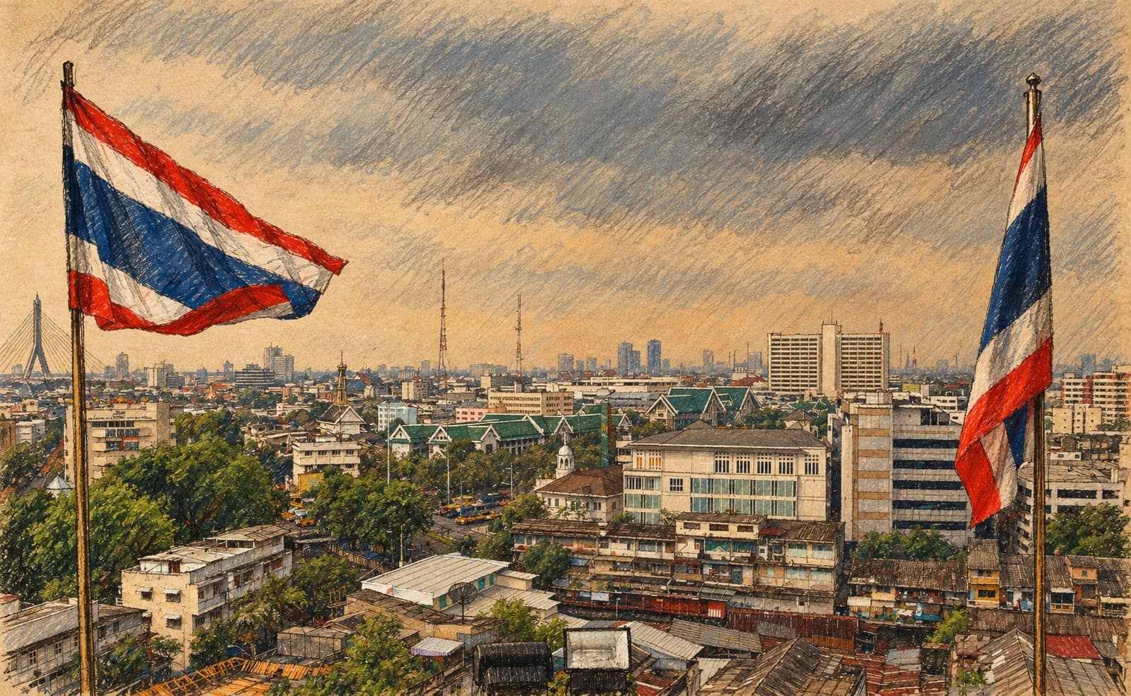 Courtroom-sketch editorial illustration of two Thai national flags overlooking Bangkok, based on an archival March 2009 photograph; contextual city imagery, not Rabbi Kantor or the citizenship decision.