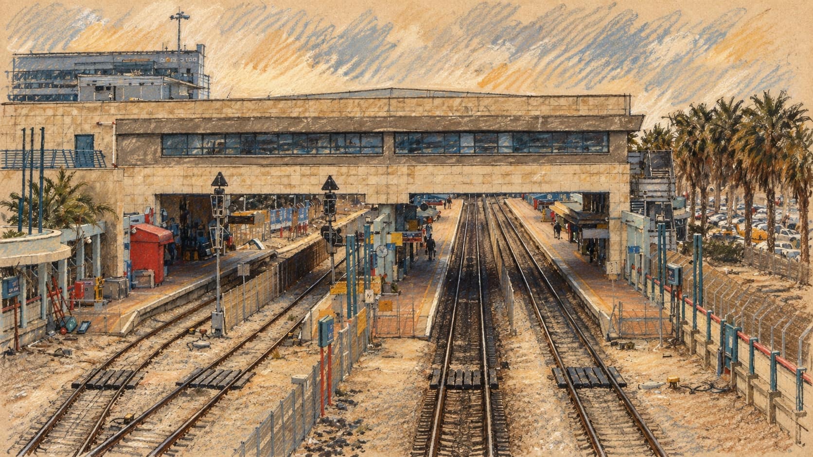 Courtroom-sketch editorial illustration of railway tracks and platforms at Haifa Hof HaCarmel station, based on an archival 2013 view; contextual Coastal Railway infrastructure rather than the newly ordered fuel-line relocation agreements.