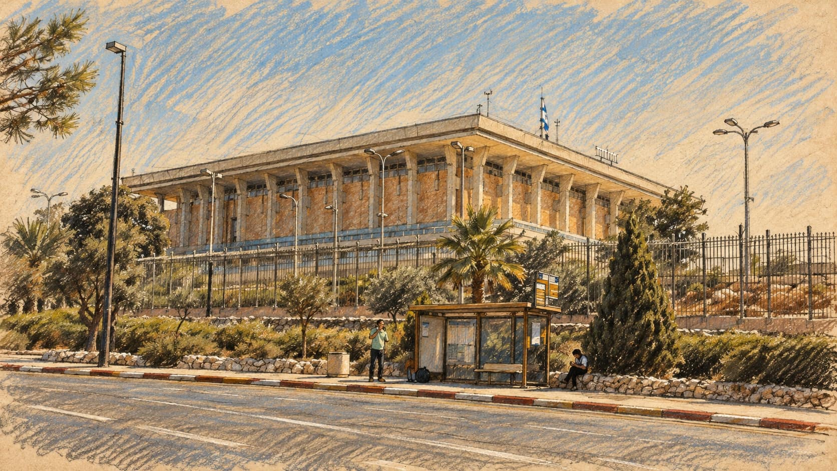 Courtroom-sketch editorial illustration of the Knesset building behind a perimeter fence with a road, bus shelter and trees in the foreground, an archival contextual view of parliament