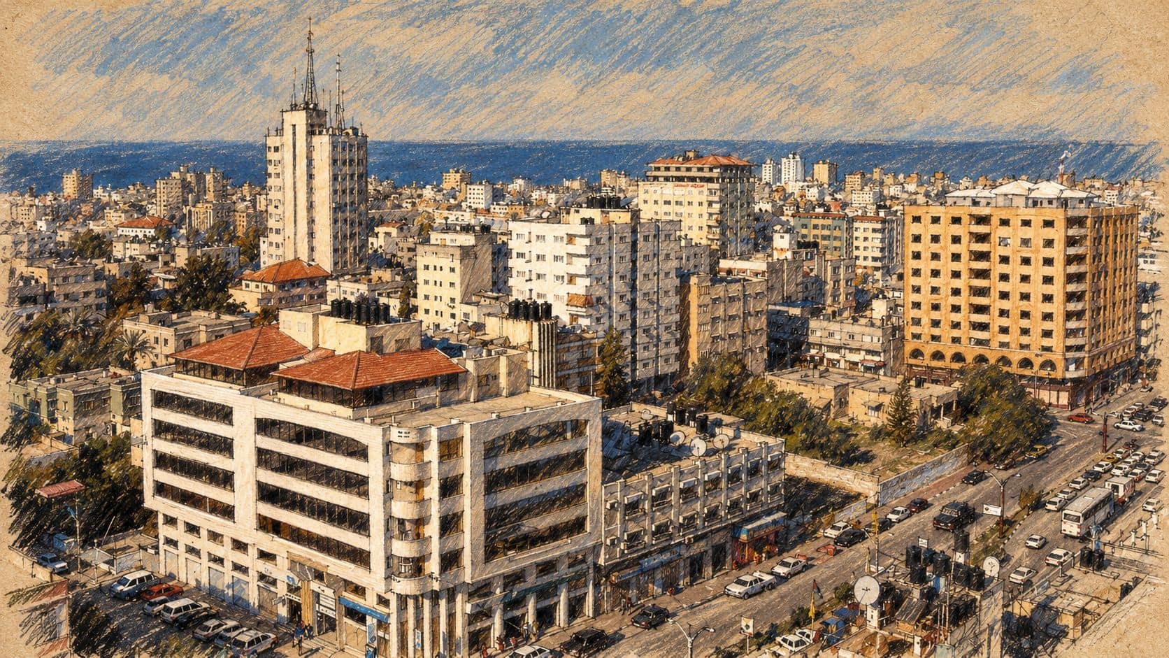 Courtroom-sketch editorial illustration of an archival 2007 Gaza City skyline, with mid-rise buildings, a curving road and the Mediterranean horizon, used as geographic context.