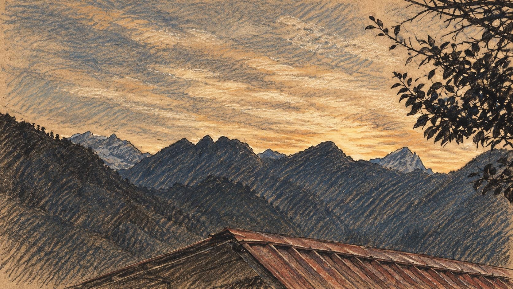 Courtroom-sketch editorial illustration of an archival June 2025 mountain view from Jyotrimath, also known as Joshimath, beneath a cloudy evening sky, with leafy branches at upper right and a corrugated roof in the foreground; contextual landscape, not a depiction of the October 2026 helicopter crash or its exact site, rendered in warm ochre and slate-blue pastel strokes.
