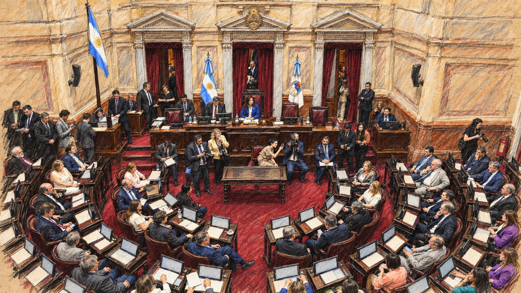 Courtroom-sketch editorial illustration of an archival December 2023 session in Argentina’s Senate chamber in Buenos Aires, with senators at curved desk rows, the presiding dais and Argentine flags; institutional context, not the October 2026 mental-health-law vote, rendered in warm ochre and slate-blue pastel strokes.