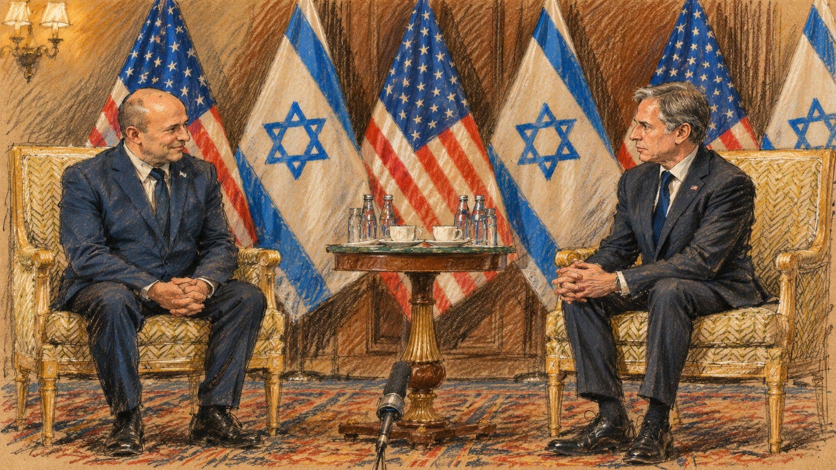 Courtroom-sketch editorial illustration of Naftali Bennett at left and Antony Blinken at right during their archival August 2021 Washington meeting, seated before Israeli and U.S. flags; contextual portrait of Bennett.