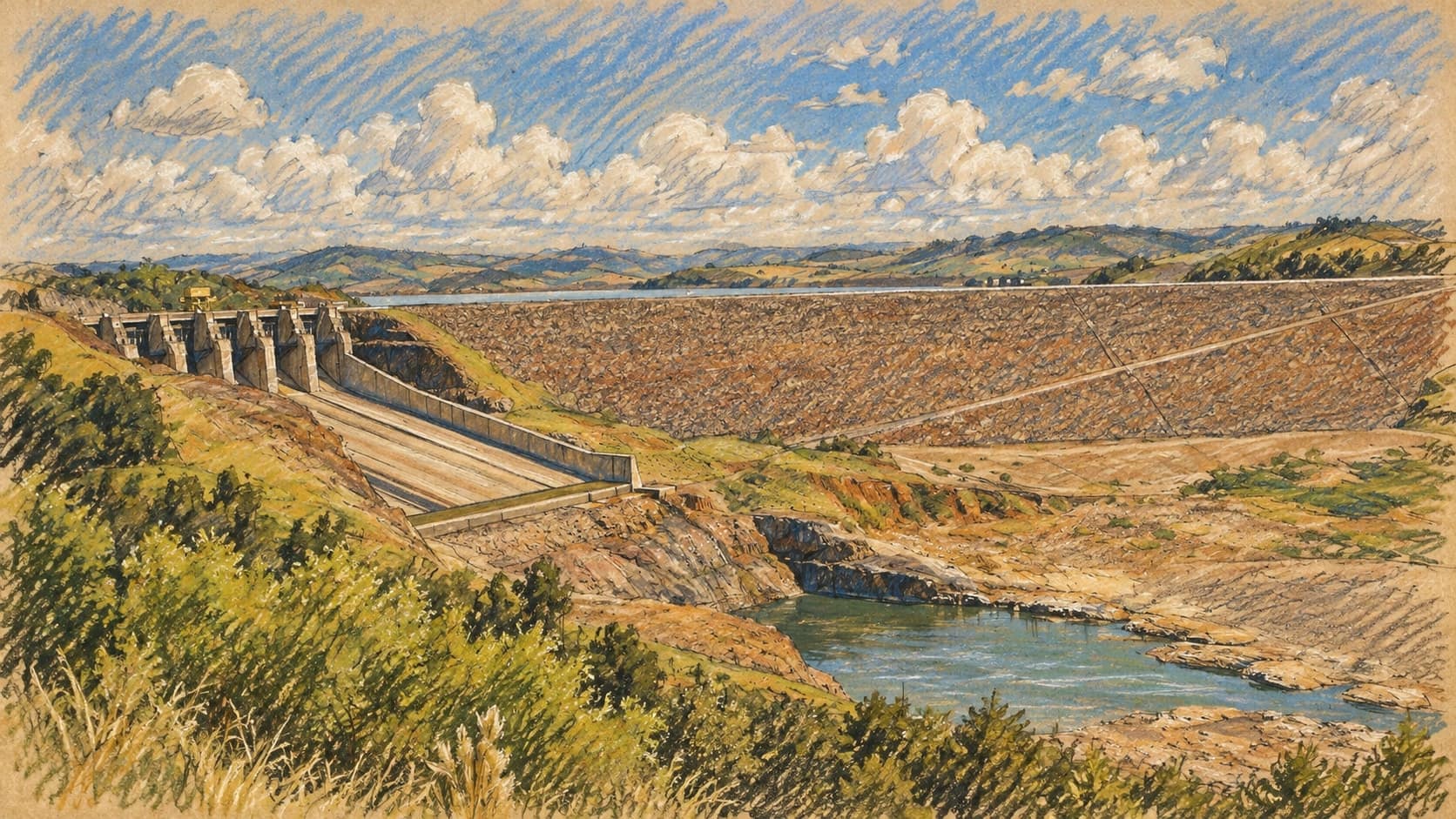 Courtroom-sketch editorial illustration of an archival 2007 view of Itá hydroelectric dam in Santa Catarina, Brazil, with its rockfill embankment, spillway and green hillside; contextual hydropower infrastructure, not the November 2026 tariff announcement, rendered in warm ochre and slate-blue pastel strokes.