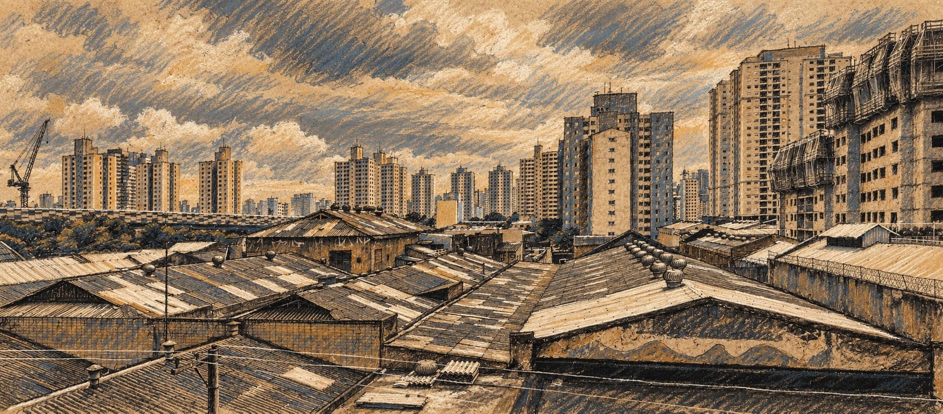 Courtroom-sketch editorial illustration of warehouse roofs and the São Paulo skyline beneath a cloudy sky, based on an archival December 2019 photograph providing economic place context rather than depicting the October 2026 employment figures, rendered in warm ochre and slate-blue pastel strokes.