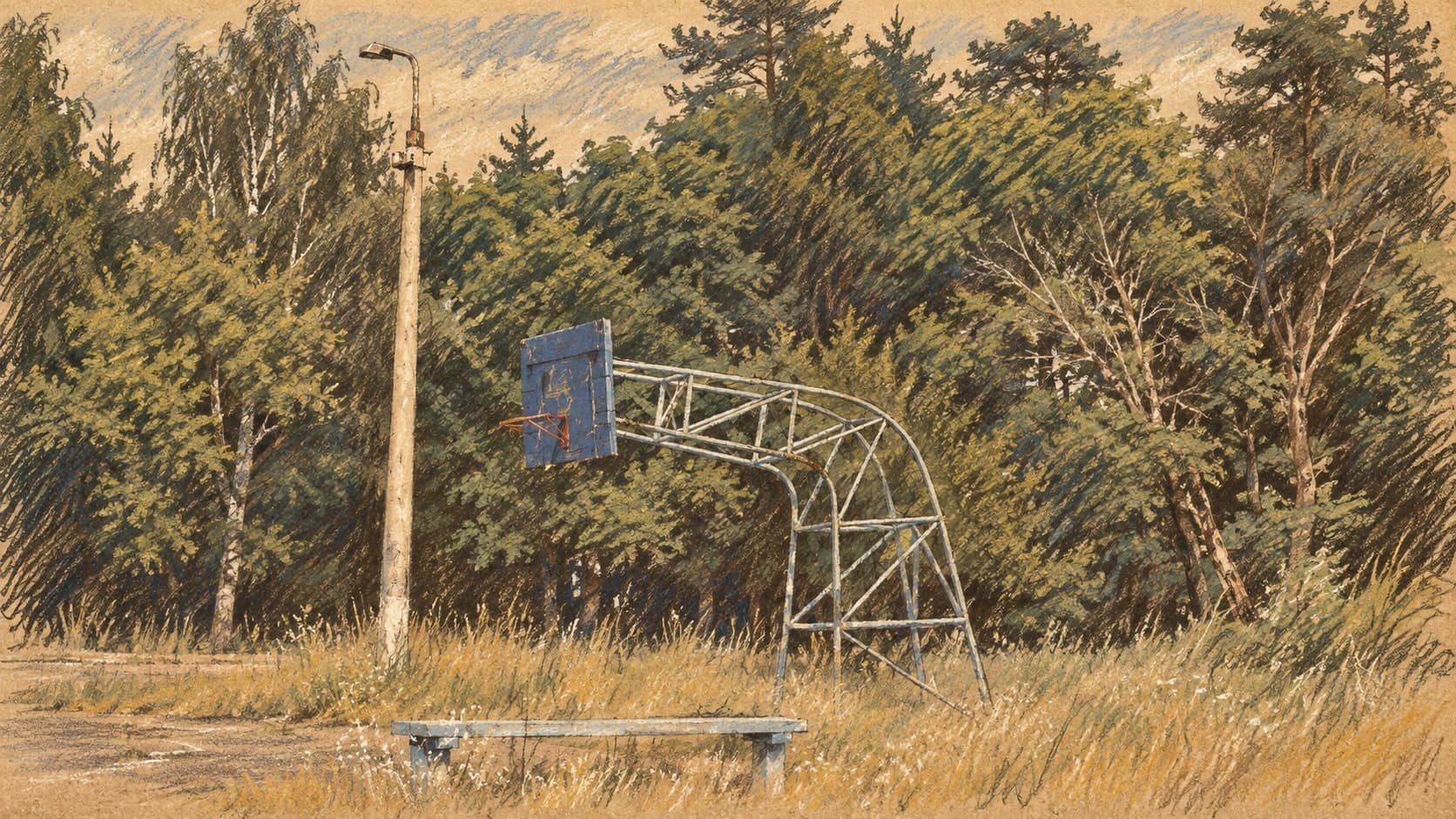 Courtroom-sketch editorial illustration of an empty outdoor basketball hoop, bench and trees, based on an archival photograph as general sporting context; not the Portland game.