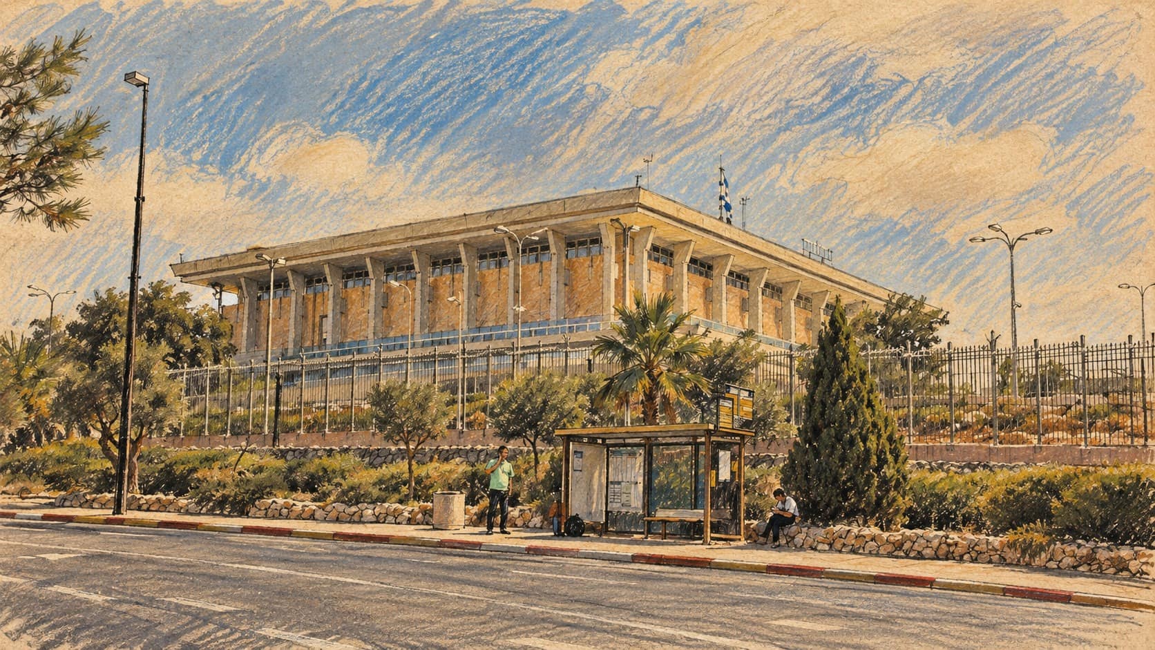 Courtroom-sketch editorial illustration of an archival 2018 exterior view of the Knesset building in Jerusalem behind its fence and landscaped grounds, with a road and bus shelter in front, used as institutional context.