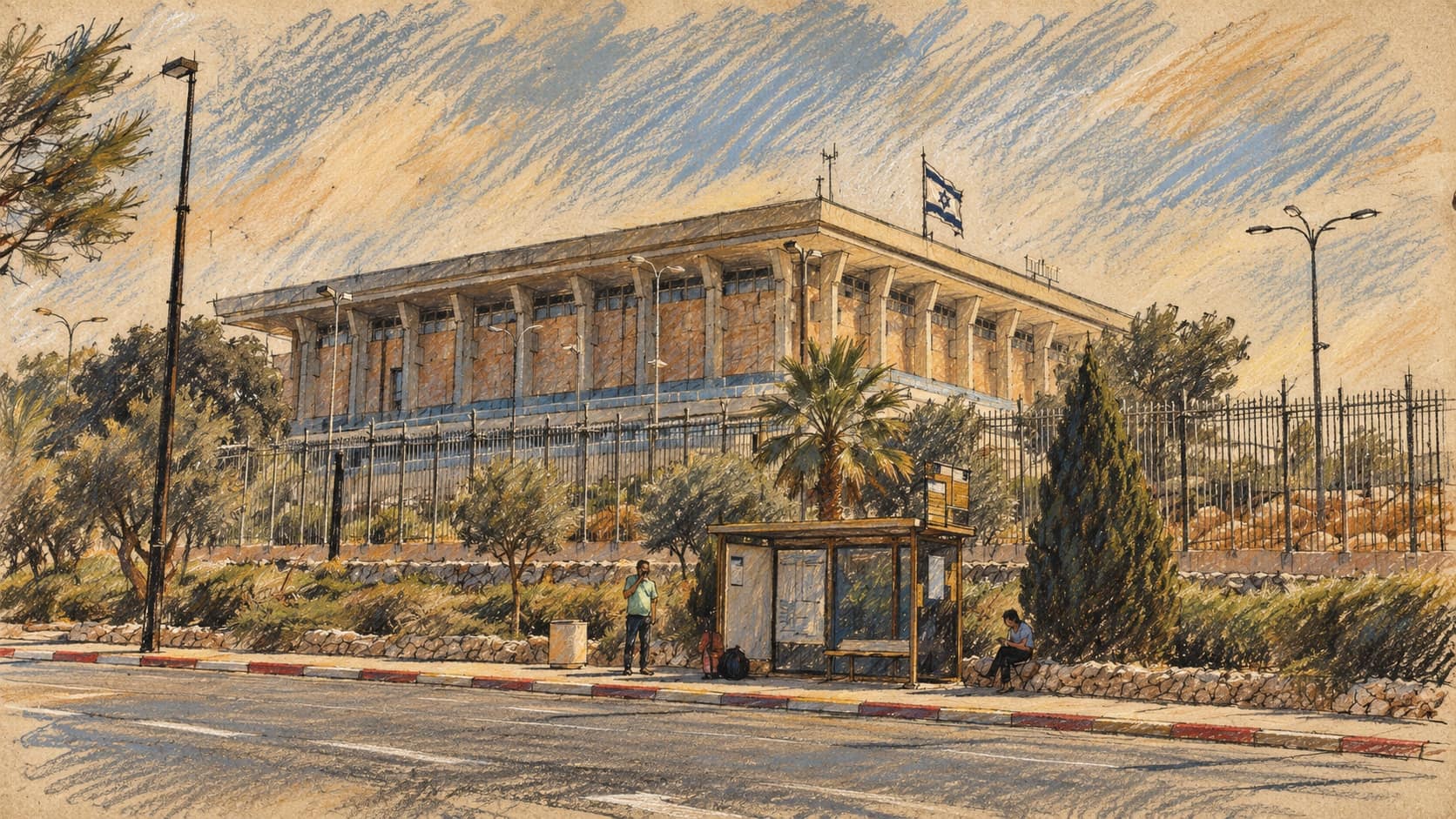 Courtroom-sketch editorial illustration of an archival July 2018 view of the Knesset building behind a fence, roadside bus shelter and trees in Jerusalem, providing institutional context for Israel's budget process.