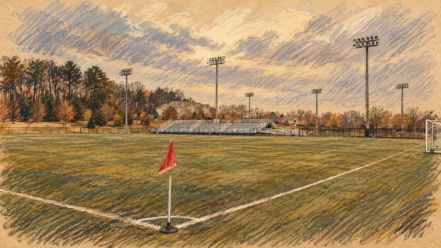 Courtroom-sketch editorial illustration of an empty football pitch and red corner flag, used as contextual football imagery.