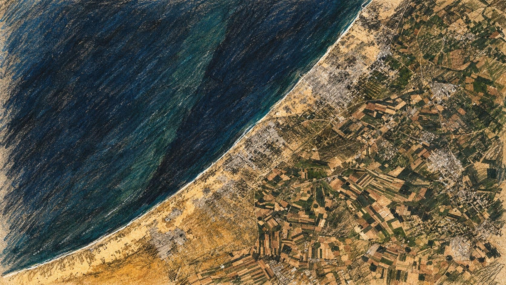 Courtroom-sketch editorial illustration of an archival overhead view of the Gaza Strip coastline and surrounding agricultural fields, used as geographic context.