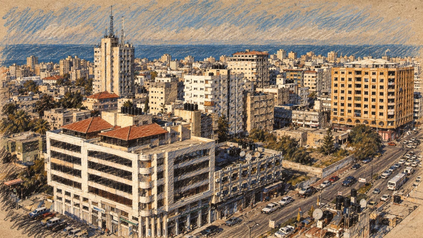 Courtroom-sketch editorial illustration of an archival 2007 elevated view of Gaza City buildings and the Mediterranean horizon, used as geographic context rather than a depiction of Nuseirat or the reported strike.