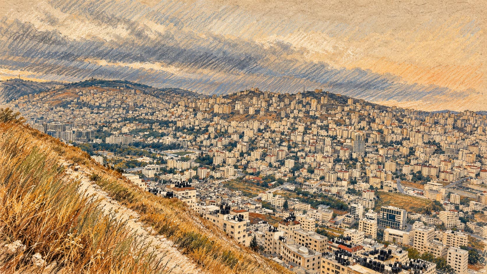 Courtroom-sketch editorial illustration of an archival 2024 view from Mount Gerizim across Nablus and the surrounding Samarian hills; geographic context, not the reported arrests or military operations.