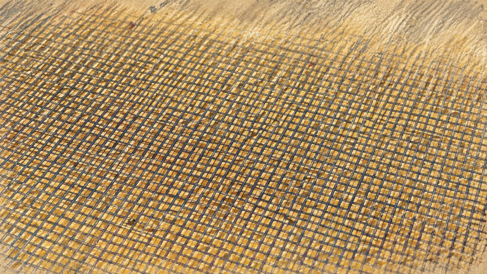 Courtroom-sketch editorial illustration of a close-up semiconductor wafer with a diagonal grid of chip dies, an archival contextual view of semiconductor manufacturing