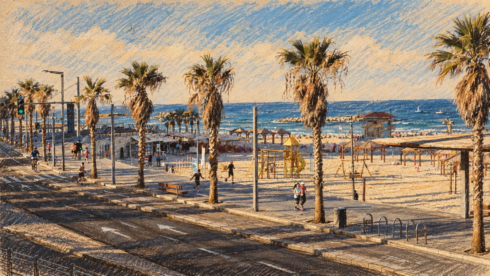 Courtroom-sketch editorial illustration of Tel Aviv’s palm-lined Mediterranean promenade and beach, based on an archival view