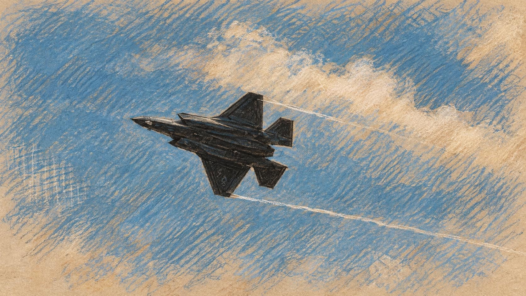 Courtroom-sketch editorial illustration of an archival F-35A flying at the 2025 Paris Air Show, providing air-show context rather than depicting the reported 2027 stand refusal.