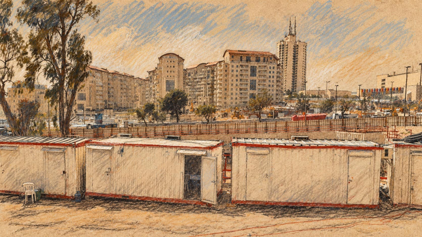 Courtroom-sketch editorial illustration of an archival Jerusalem construction site with white site offices and buildings, contextual real-estate imagery unrelated to the specific management appointment