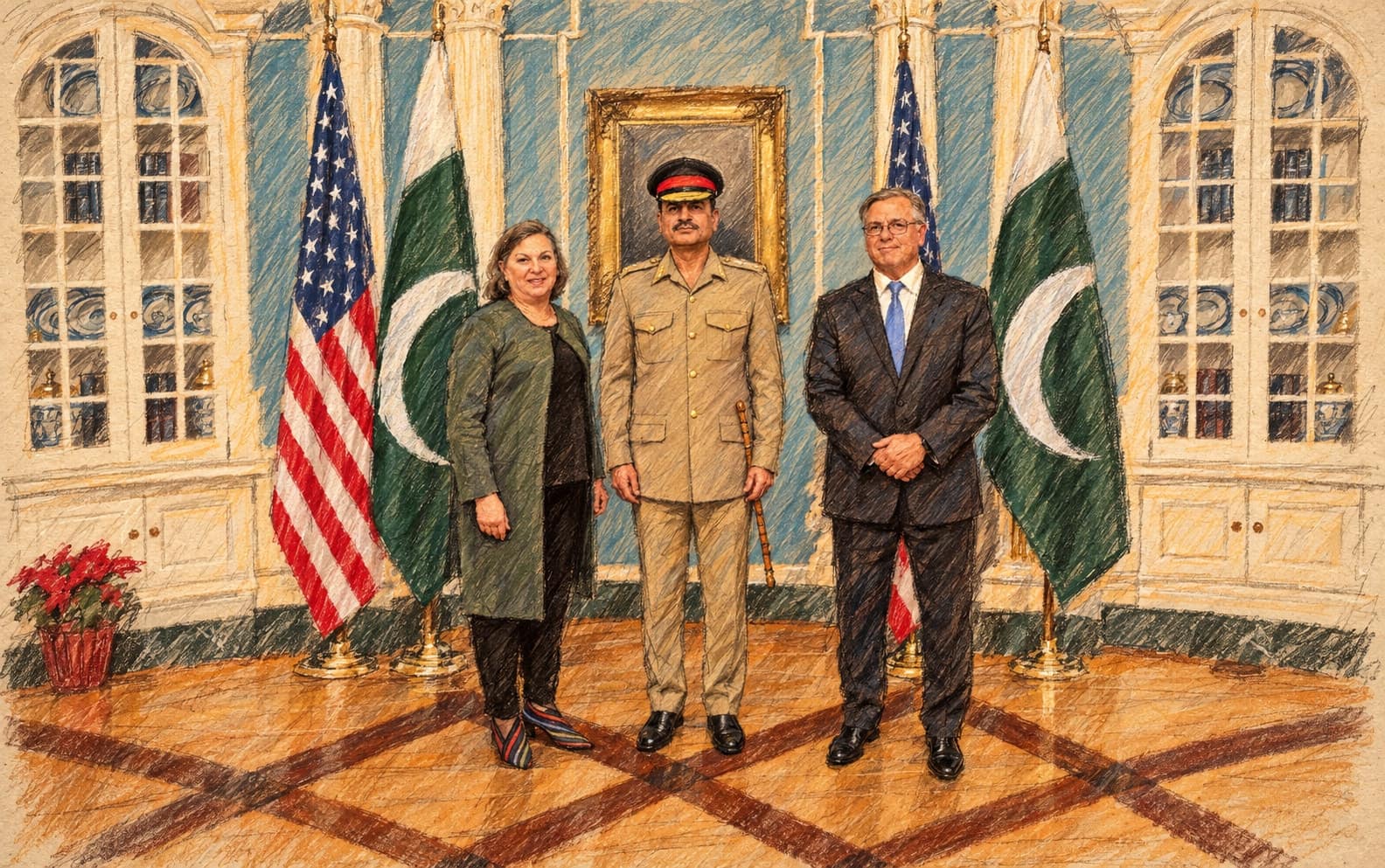 Courtroom-sketch editorial illustration of an archival December 2023 portrait of Victoria Nuland, Asim Munir and Donald Blome standing between U.S. and Pakistani flags at the State Department in Washington; diplomatic context, not a depiction of the October 2026 remarks or mediation talks, rendered in warm ochre and slate-blue pastel strokes.