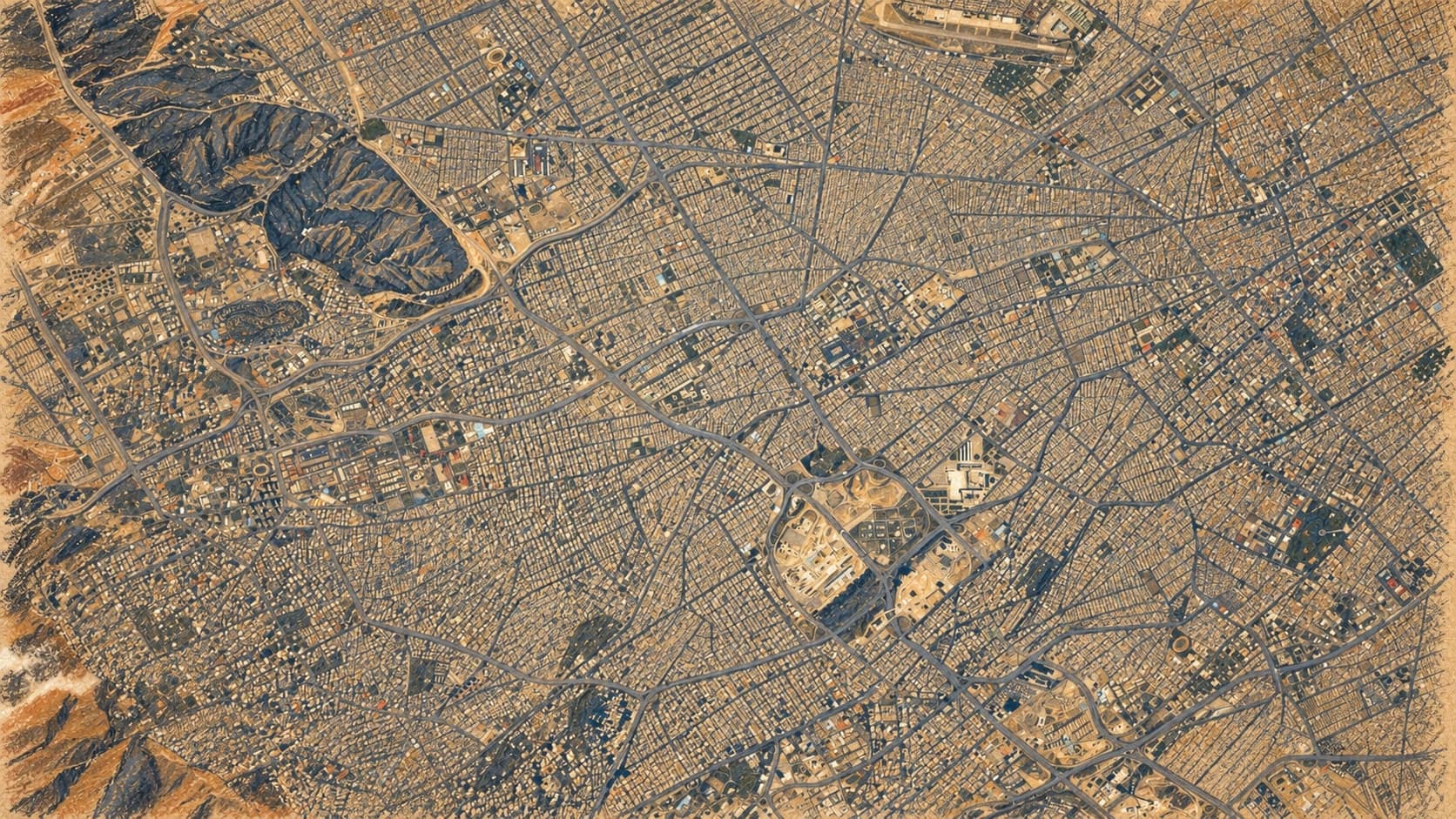 Courtroom-sketch editorial illustration of an archival March 2010 overhead astronaut view of Tehran, with dense street grids and hilly terrain at left, rendered in warm ochre and slate-blue pastel strokes; contextual city view, not a depiction of the October 2026 talks.