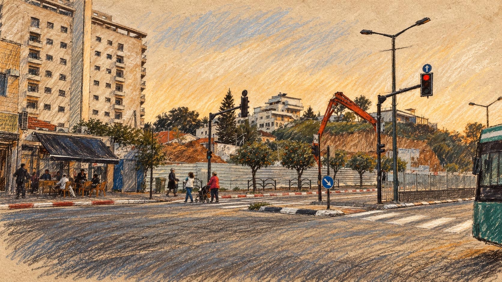 Courtroom-sketch editorial illustration of an archival Rehovot street intersection with apartment buildings, pedestrians and a bus; contextual city view for the municipal grant application process.