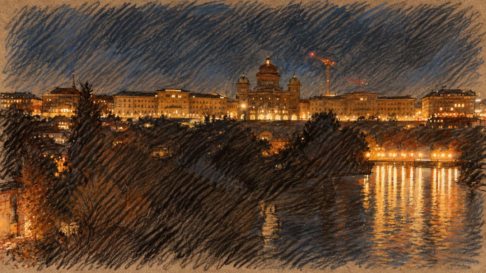 Courtroom-sketch editorial illustration of an archival 2022 night panorama of Bern and the Swiss Federal Palace, used as Swiss institutional context.