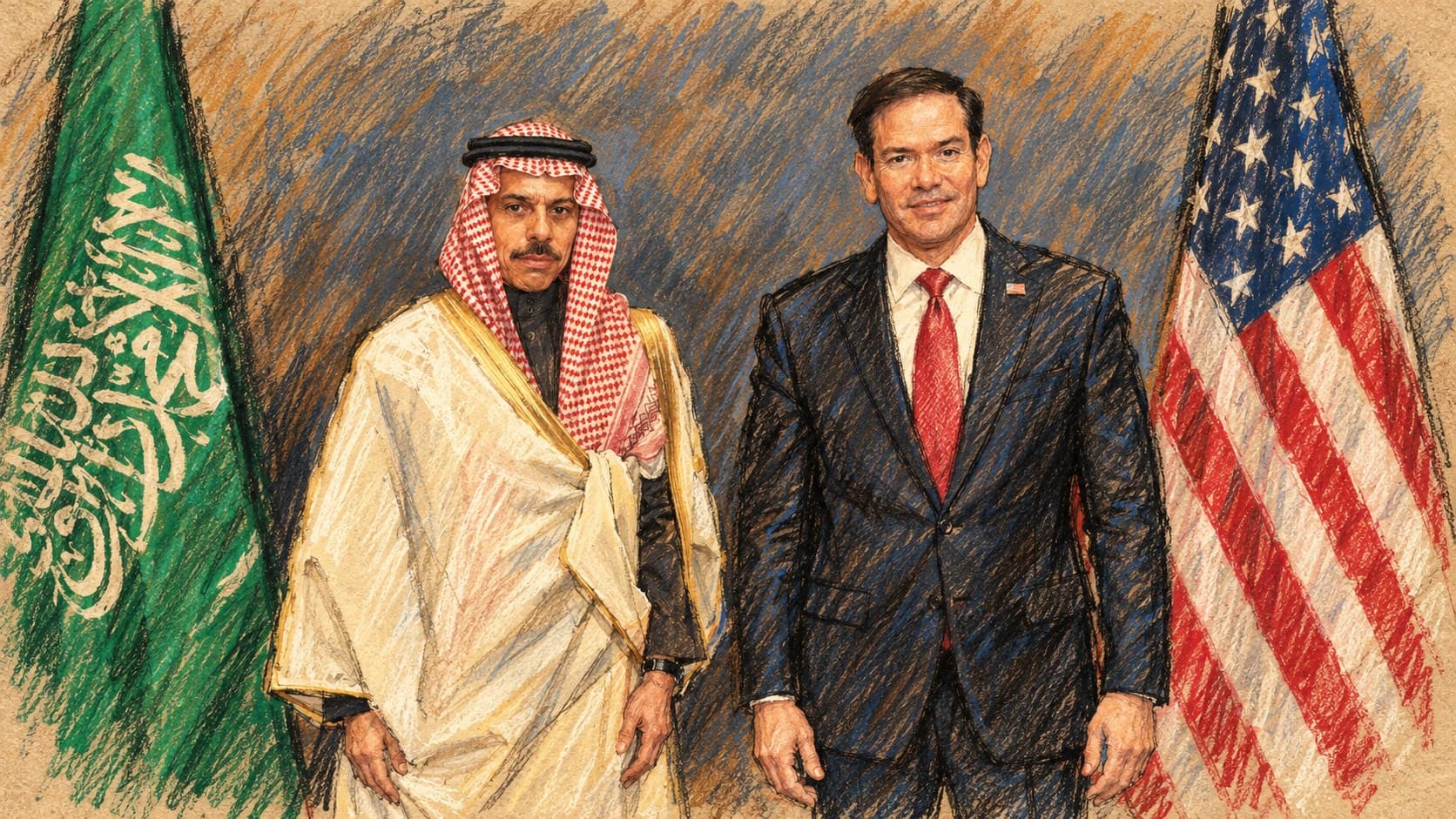 Courtroom-sketch editorial illustration of Saudi Foreign Minister Prince Faisal bin Farhan and U.S. Secretary of State Marco Rubio posing between Saudi and U.S. flags at the October 30, 2026 Expo participation signing ceremony in Atlanta, rendered in warm ochre and slate-blue pastel strokes.