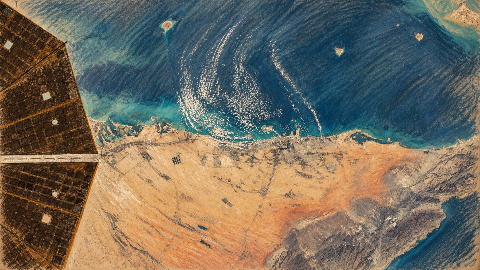Courtroom-sketch editorial illustration of an archival 2019 orbital view of the United Arab Emirates coast, with Gulf waters, sandy terrain and a space-station solar panel, rendered in warm ochre and slate-blue pastel strokes; contextual image, not the tanker or current spill.