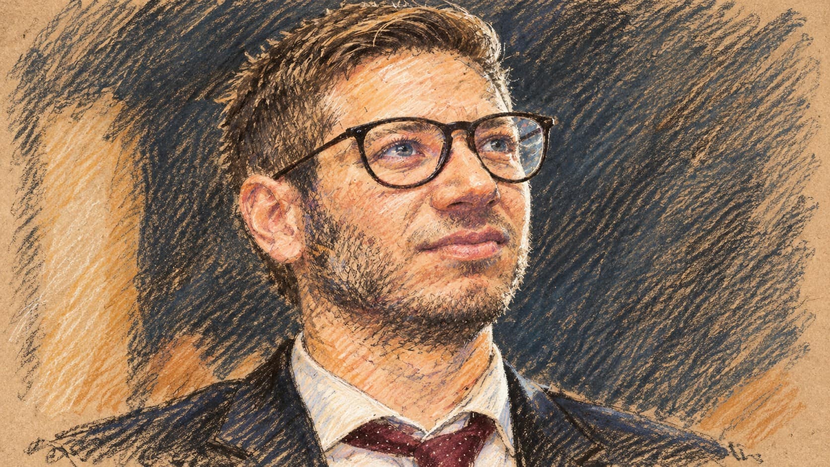 Courtroom-sketch editorial illustration of an archival 2019 portrait of Yair Netanyahu in glasses, a dark suit and burgundy tie, looking slightly upward to the right.
