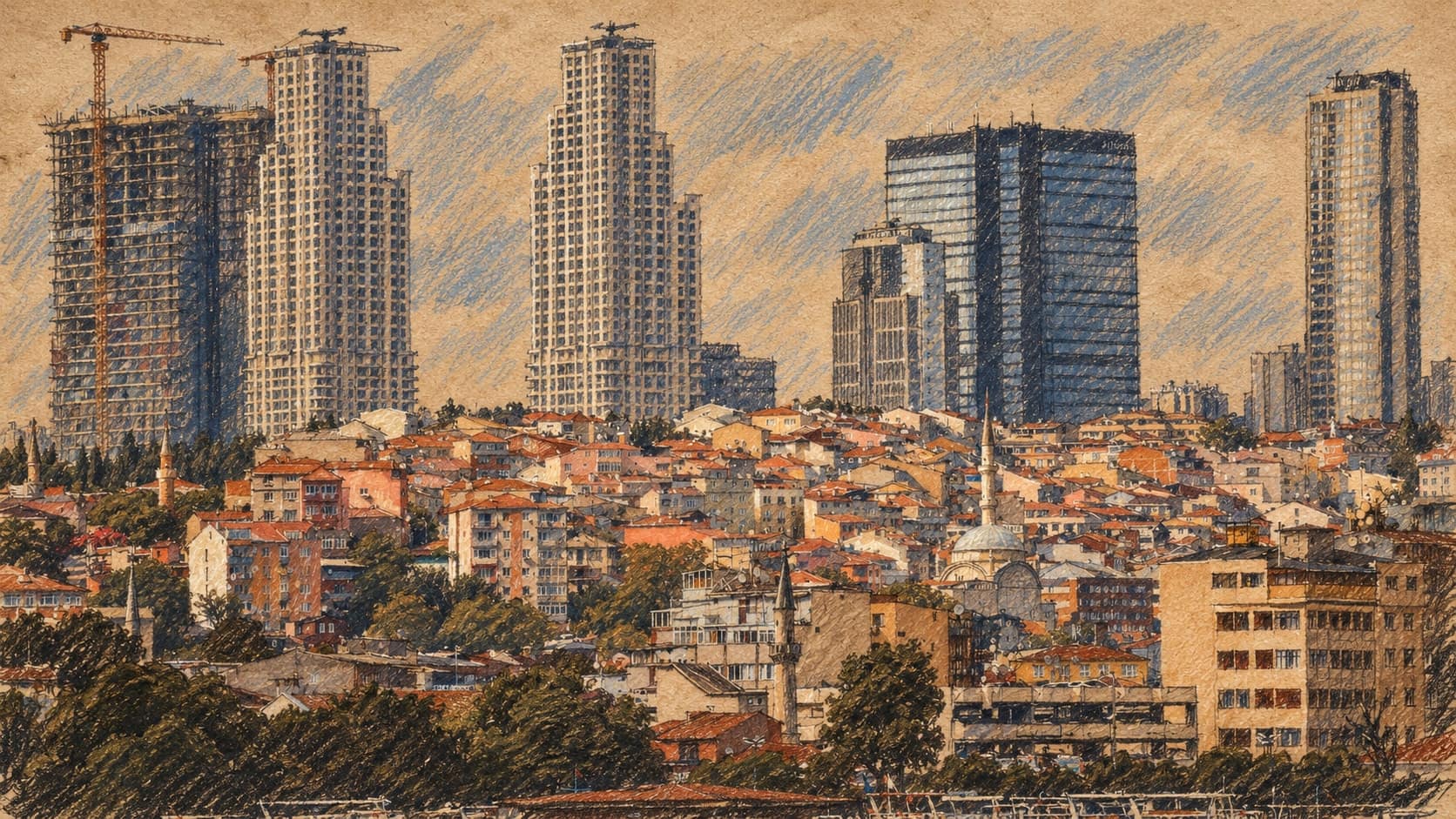 Courtroom-sketch editorial illustration of an archival Istanbul cityscape, with clustered rooftops, trees and modern towers photographed in 2020, rendered in warm ochre and slate-blue pastel strokes. Contextual location view, not the announced meeting.