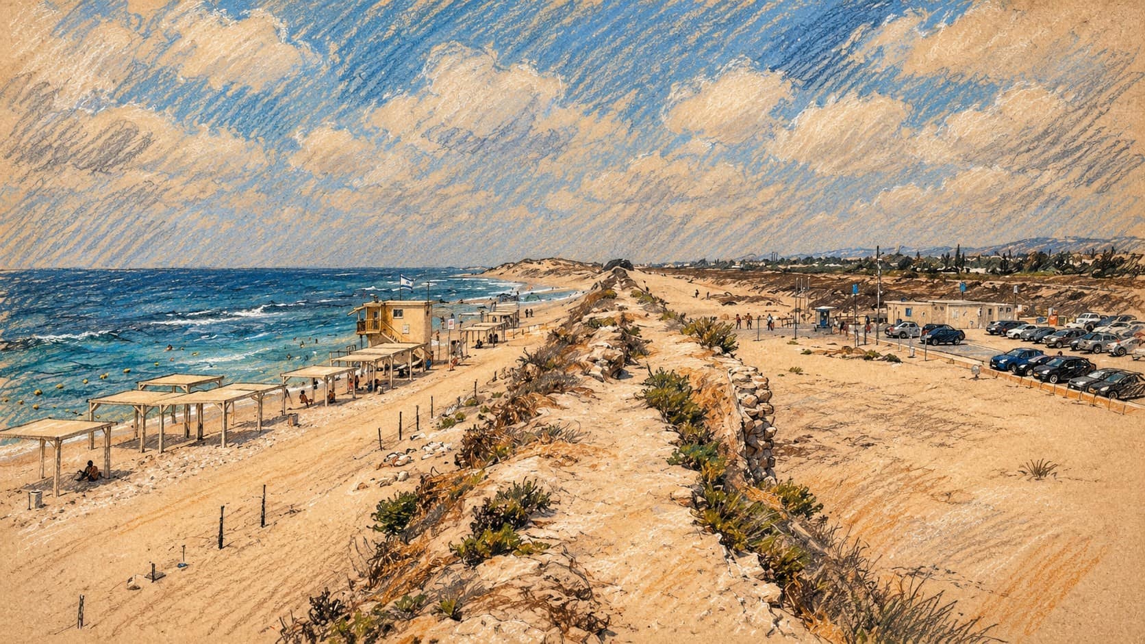 Courtroom-sketch editorial illustration of an archival 2021 view along Caesarea’s ancient aqueduct with the Mediterranean beach and parked cars, used as context for visits to Israel’s national parks