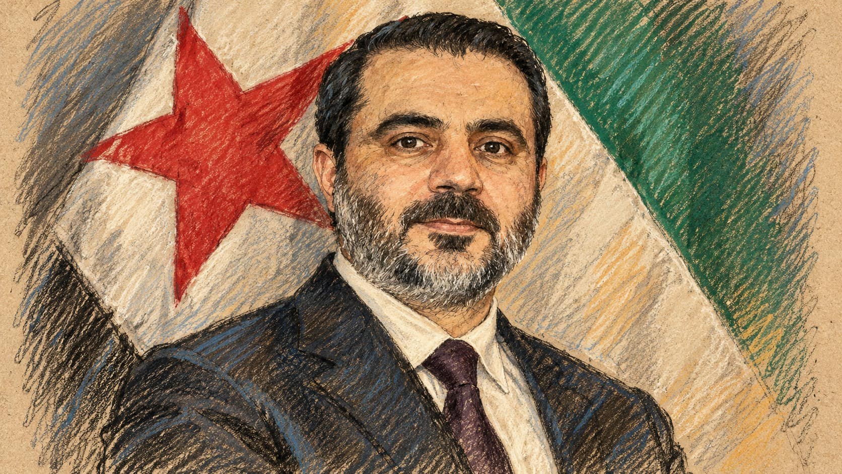 Courtroom-sketch editorial illustration of Syrian Foreign Minister Asaad al-Shaibani in an archival February 2026 portrait before a Syrian flag.