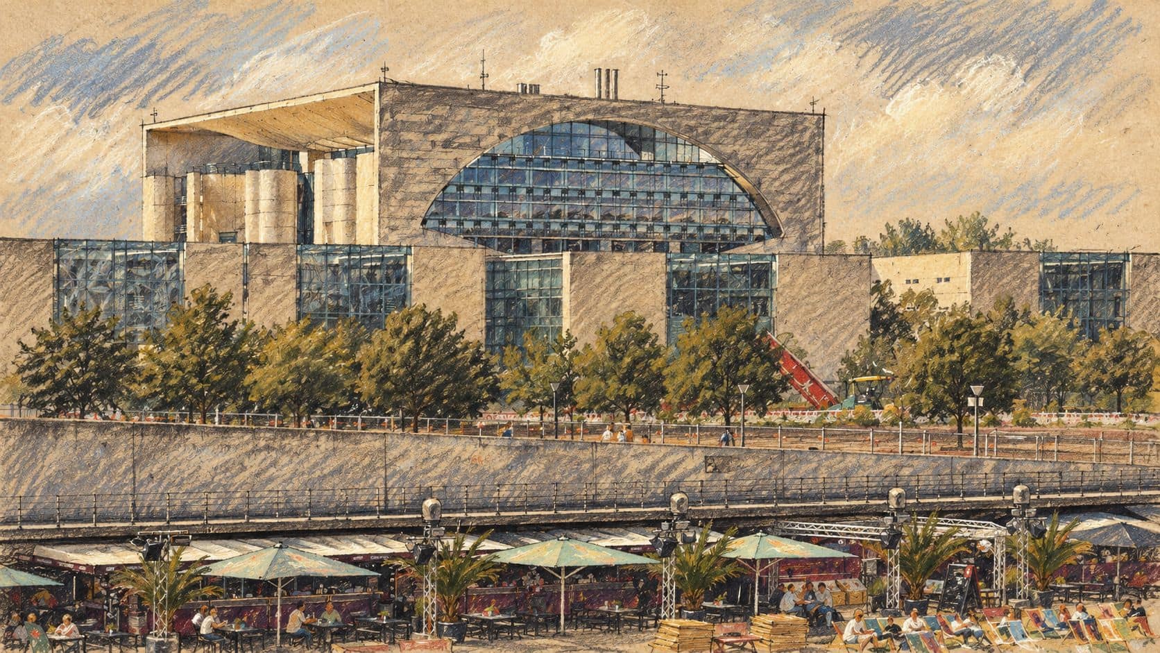 Courtroom-sketch editorial illustration of an archival 2019 view of the German Federal Chancellery in Berlin, with trees and waterfront umbrellas, used as German institutional context.