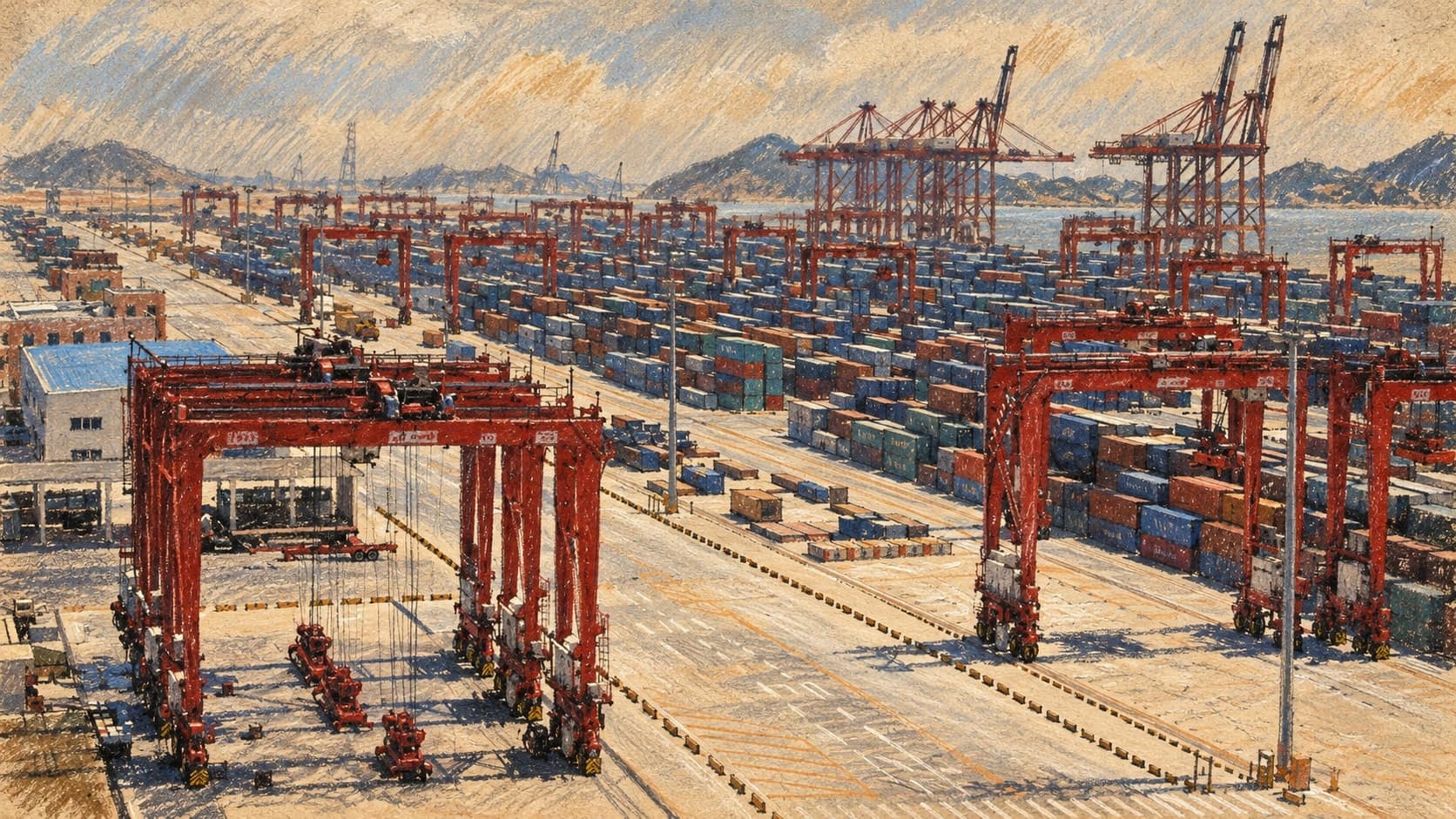 Courtroom-sketch editorial illustration of an archival view of Shanghai’s Yangshan container port, with gantry cranes, container stacks, traffic lanes and harbor cranes beside the water, rendered in warm ochre and slate-blue pastel strokes. Context for China’s manufacturing and goods trade, not a depiction of October 2026 conditions.