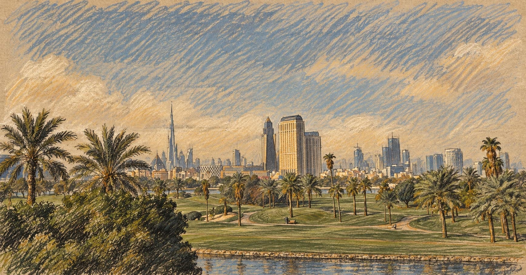 Courtroom-sketch editorial illustration of archival landscaped green space, palm trees and the Dubai skyline photographed in October 2023, rendered in warm ochre and slate-blue pastel strokes. Geographic and outdoor recreation context, not a depiction of the 2026 Fitness Challenge or its participants.