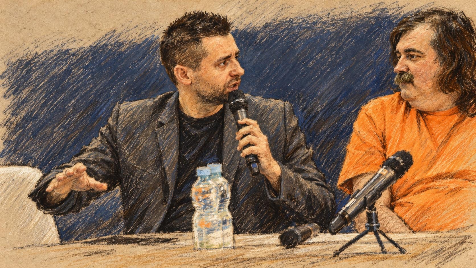 Courtroom-sketch editorial illustration of an archival 2018 view of Davyd Arakhamia speaking into a handheld microphone at a conference table beside another participant; this contextual portrait does not depict the Oleshky evacuation or arrival in Belarus, rendered in warm ochre and slate-blue pastel strokes.