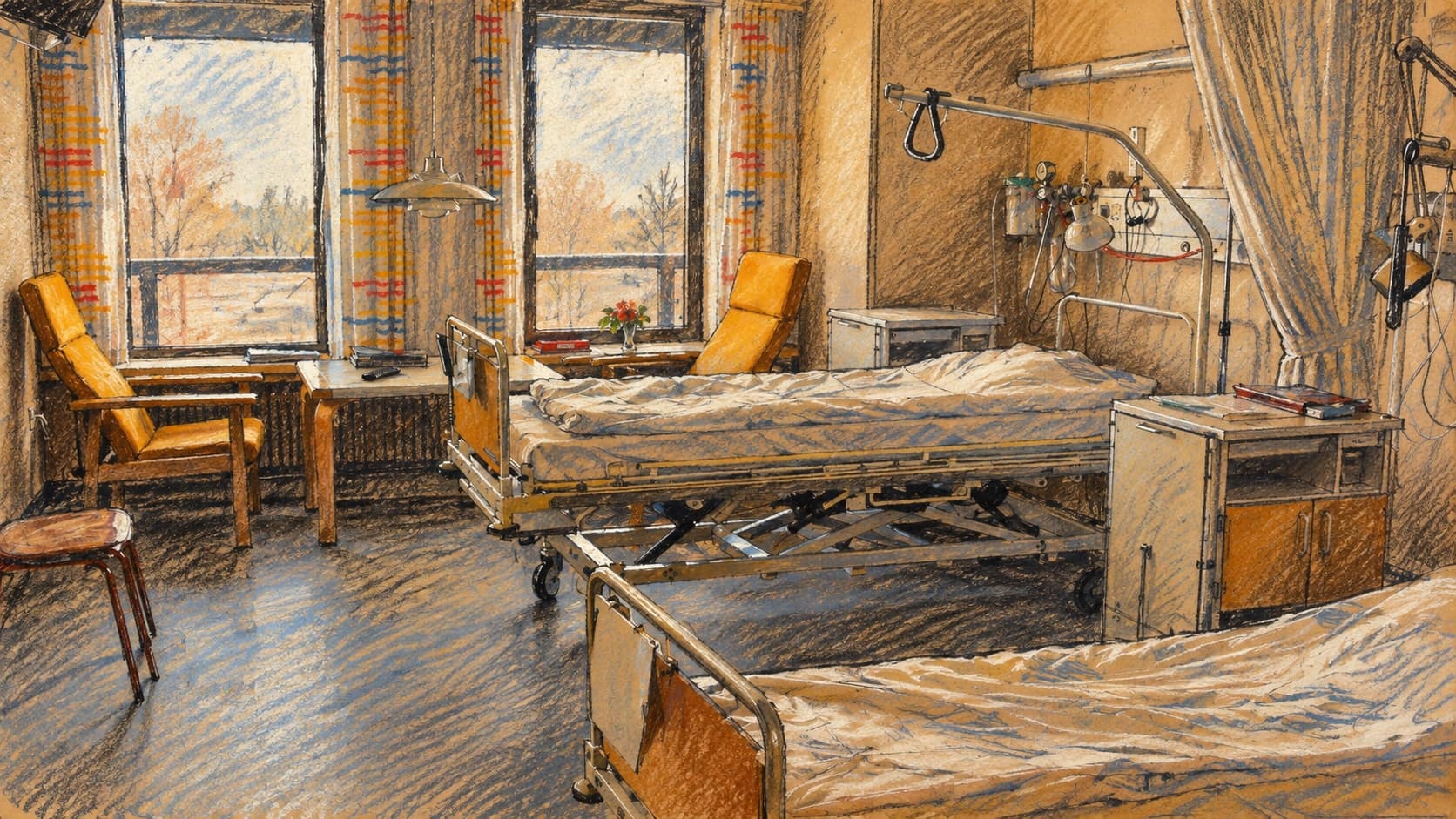 Courtroom-sketch editorial illustration of an empty hospital room with two beds; archival medical context from Denmark, not the reported Gaza casualties