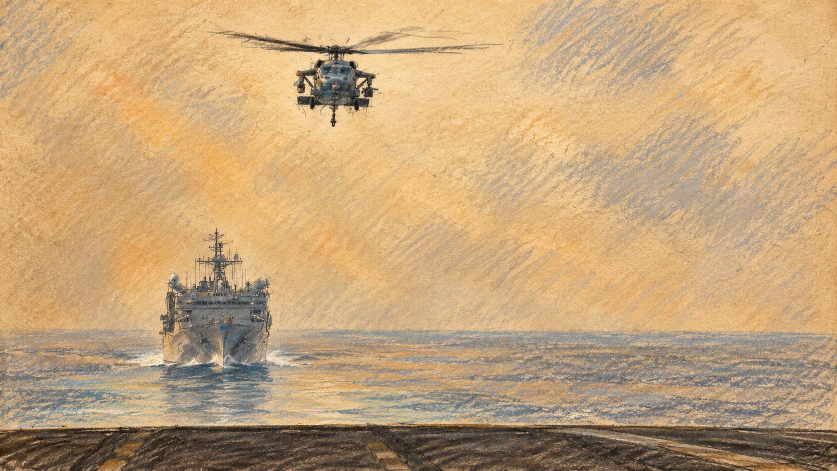 Courtroom-sketch editorial illustration of a U.S. naval helicopter above ships in the Strait of Hormuz, based on an archival December 2023 photograph; contextual maritime scene, not the October 2026 statement.