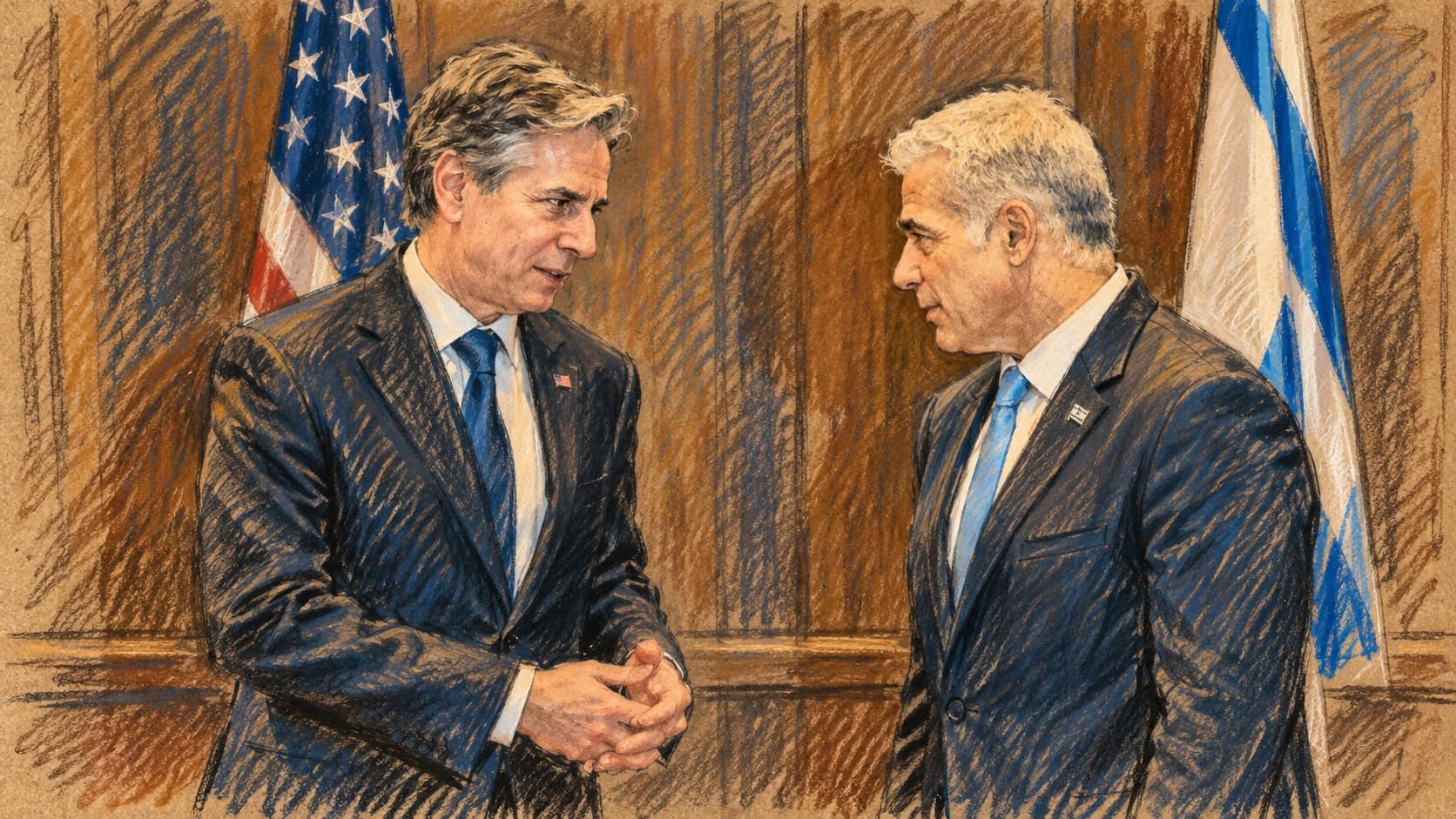 Courtroom-sketch editorial illustration of Yair Lapid, right, with Antony Blinken in an archival January 2023 diplomatic photograph, used as context for Lapid; not the October 2026 meeting with Gadi Eisenkot