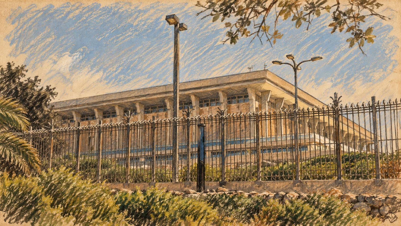 Courtroom-sketch editorial illustration of the Knesset exterior behind a metal fence, with shrubs, lamp posts and overhanging branches; an archival contextual view, not the employment clarification announcement.